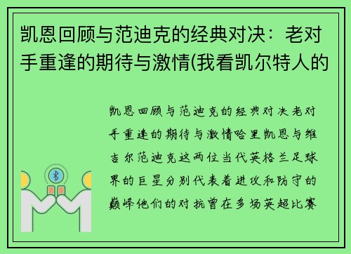 凯恩回顾与范迪克的经典对决：老对手重逢的期待与激情(我看凯尔特人的那个范迪克以后绝对是顶级)