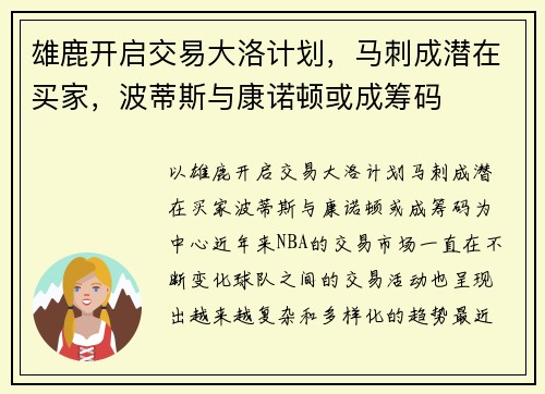雄鹿开启交易大洛计划，马刺成潜在买家，波蒂斯与康诺顿或成筹码