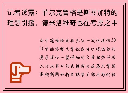 记者透露：菲尔克鲁格是斯图加特的理想引援，德米洛维奇也在考虑之中