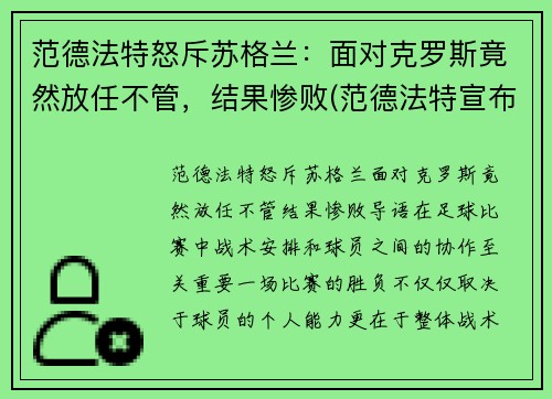 范德法特怒斥苏格兰：面对克罗斯竟然放任不管，结果惨败(范德法特宣布退役)