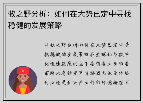牧之野分析：如何在大势已定中寻找稳健的发展策略