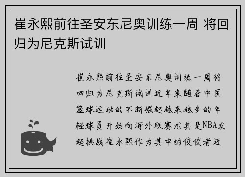 崔永熙前往圣安东尼奥训练一周 将回归为尼克斯试训