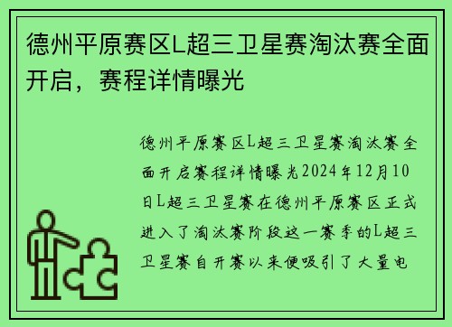 德州平原赛区L超三卫星赛淘汰赛全面开启，赛程详情曝光
