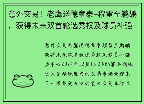 意外交易！老鹰送德章泰-穆雷至鹈鹕，获得未来双首轮选秀权及球员补强