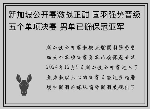 新加坡公开赛激战正酣 国羽强势晋级五个单项决赛 男单已确保冠亚军